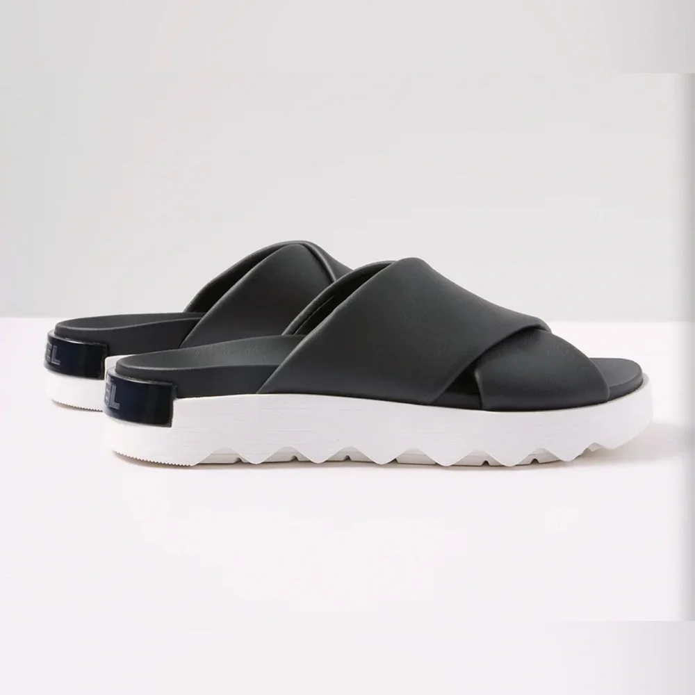 Sorel Black and White Platform Slide Sandals